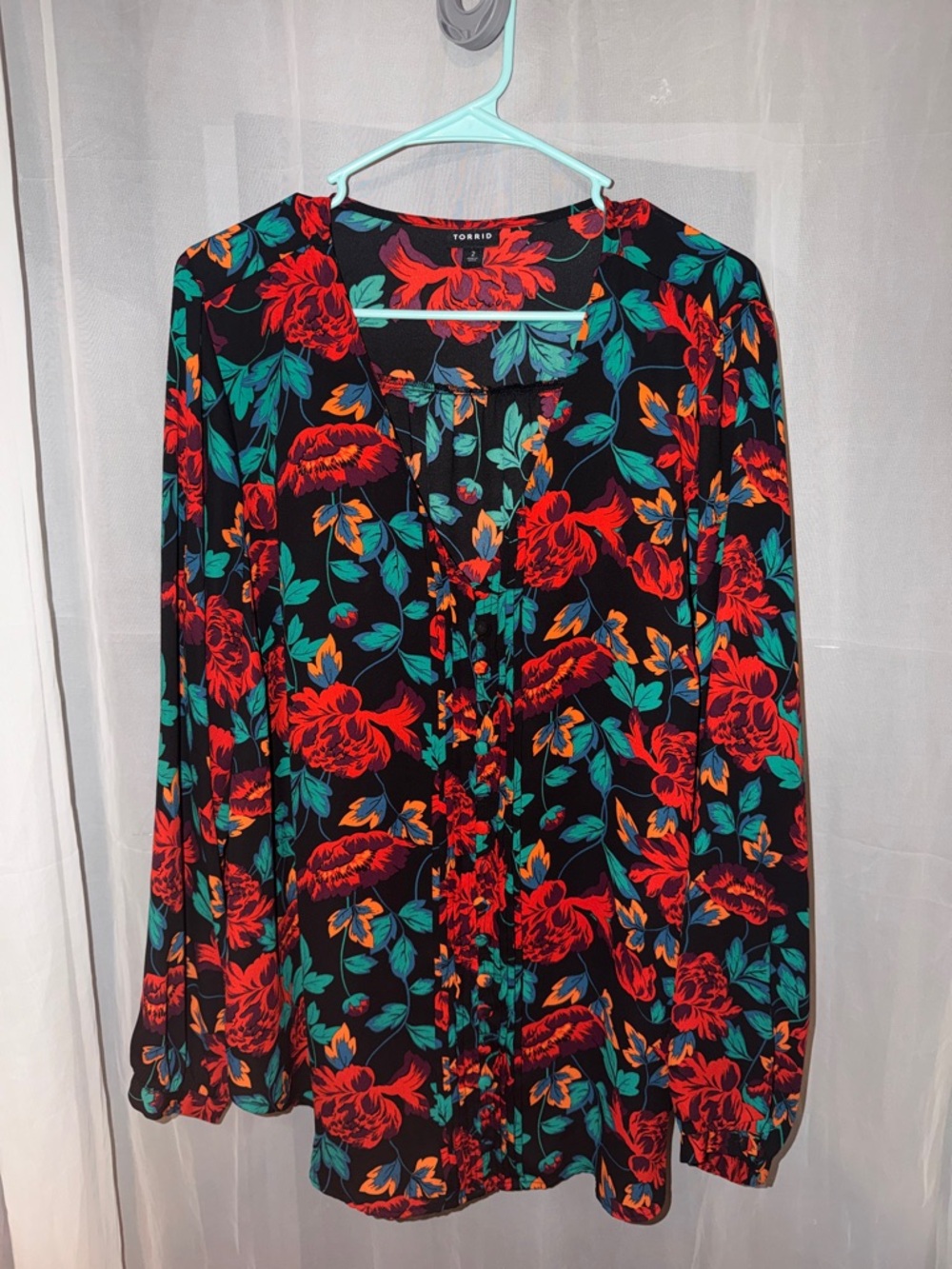 torrid Black Blouse with Red & Teal Floral Print